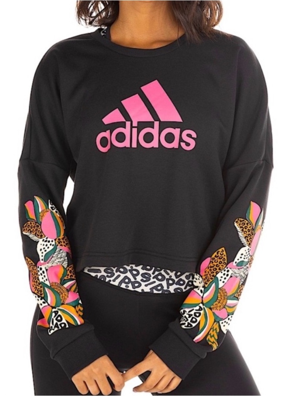 adidas x FARM Rio Cropped Sweatshirt Women’s M Black Pink Floral H45137
